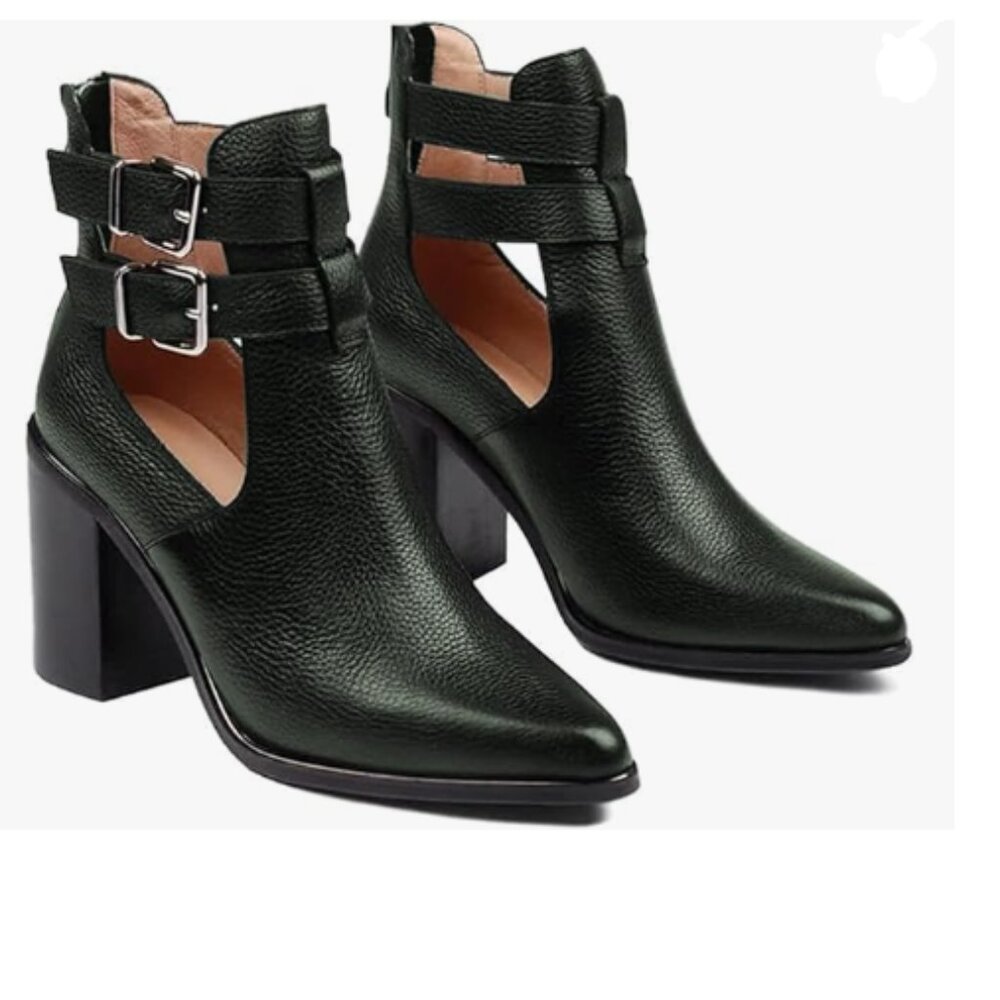 FOWT Dark Green Cut Out Hollow out Open Side High Heels Metal Buckle Ankle Boot